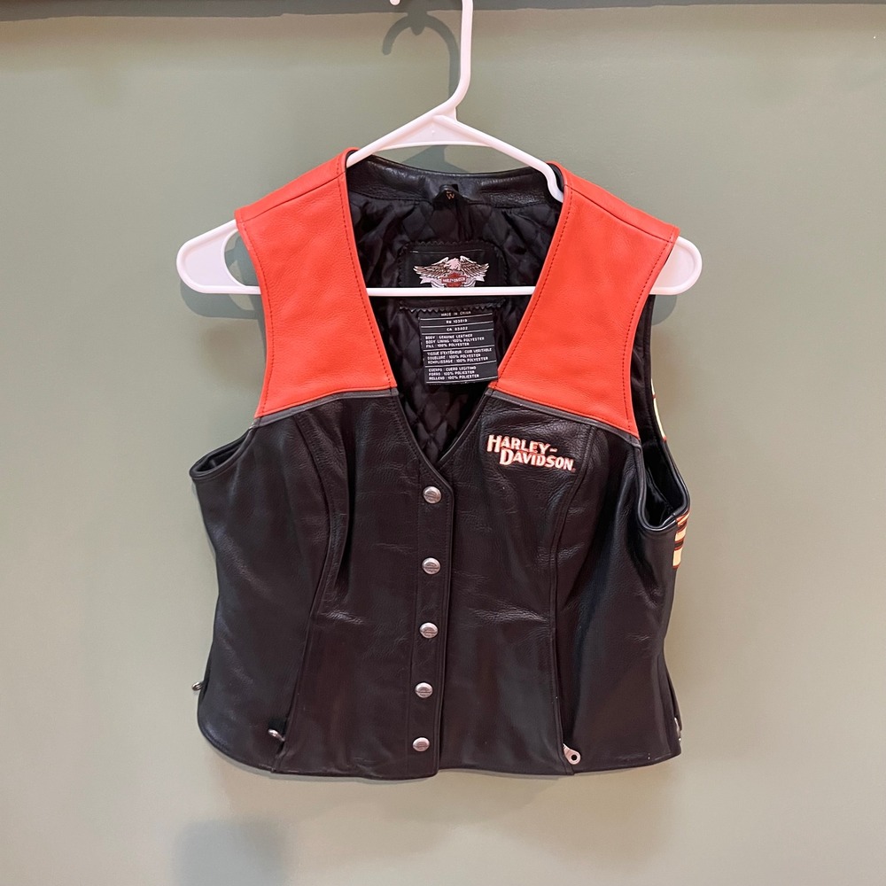 Womens Harley Davidson Leather Vest Orange Trim Biker Sleeveless Jacket Sz Large